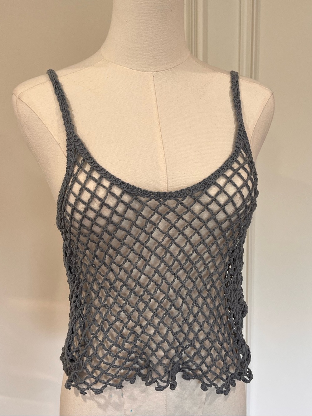 Zara Grey Blue Crochet Fishnet Knit Crop Cami Tank Coastal Boho Beach S cotton